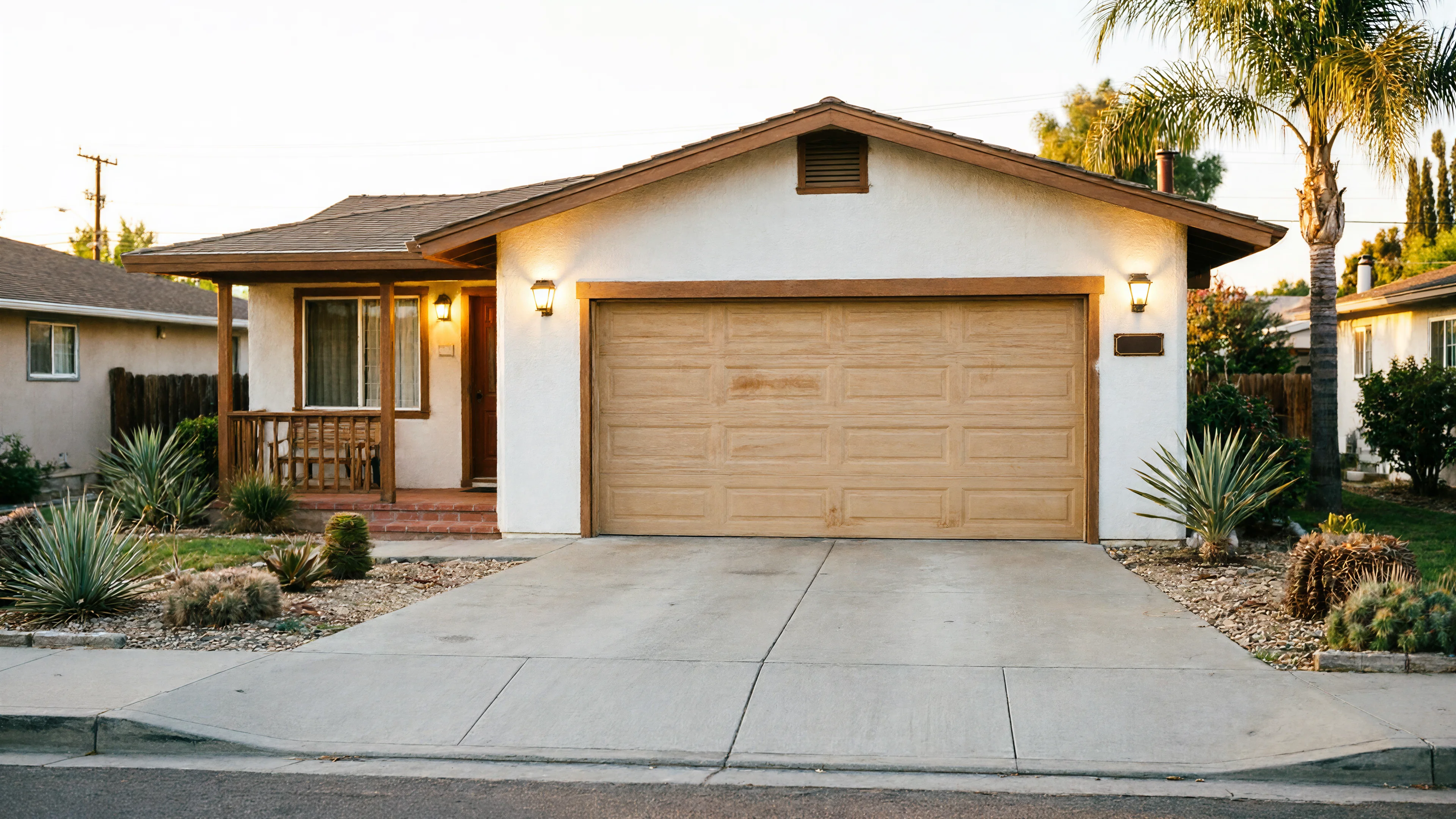 The house has a light brown garage door, a small porch, and desert landscaping.